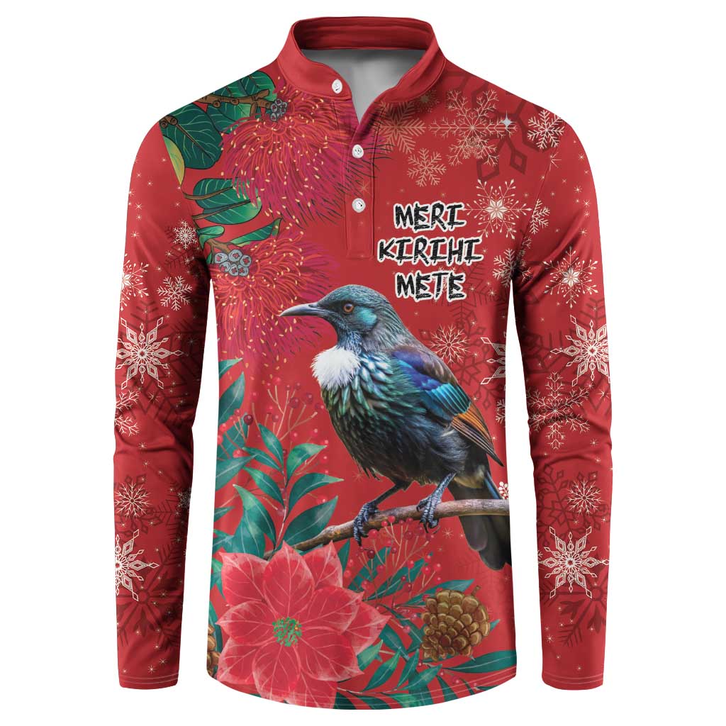 Tui Meri Kirihimete Personalised Button Sweatshirt Pohutukawa Flowers Red Motif - Aussie Hoodie