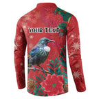 Tui Meri Kirihimete Personalised Button Sweatshirt Pohutukawa Flowers Red Motif - Aussie Hoodie