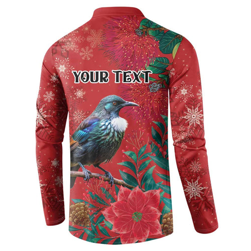 Tui Meri Kirihimete Personalised Button Sweatshirt Pohutukawa Flowers Red Motif - Aussie Hoodie