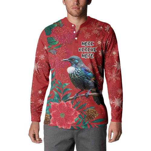 Tui Meri Kirihimete Personalised Button Sweatshirt Pohutukawa Flowers Red Motif - Aussie Hoodie