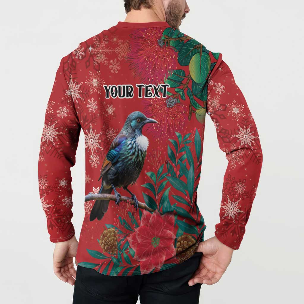 Tui Meri Kirihimete Personalised Button Sweatshirt Pohutukawa Flowers Red Motif - Aussie Hoodie