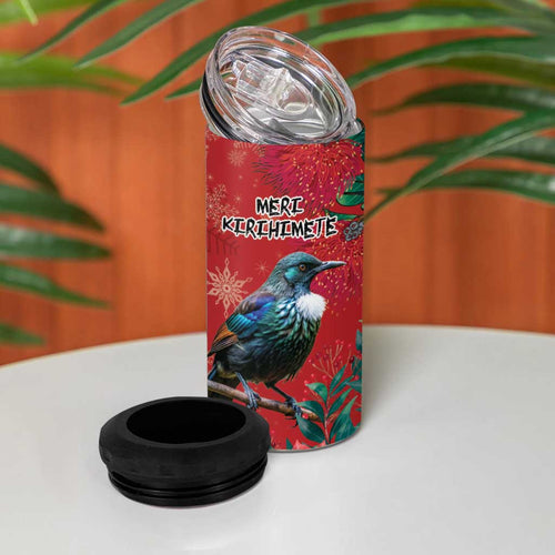 Tui Meri Kirihimete Personalised 4 in 1 Can Cooler Tumbler Pohutukawa Flowers Red Motif - Aussie Hoodie