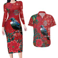 Tui Meri Kirihimete Personalised Couples Matching Long Sleeve Bodycon Dress and Hawaiian Shirt Pohutukawa Flowers Red Motif - Aussie Hoodie