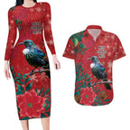 Tui Meri Kirihimete Personalised Couples Matching Long Sleeve Bodycon Dress and Hawaiian Shirt Pohutukawa Flowers Red Motif - Aussie Hoodie