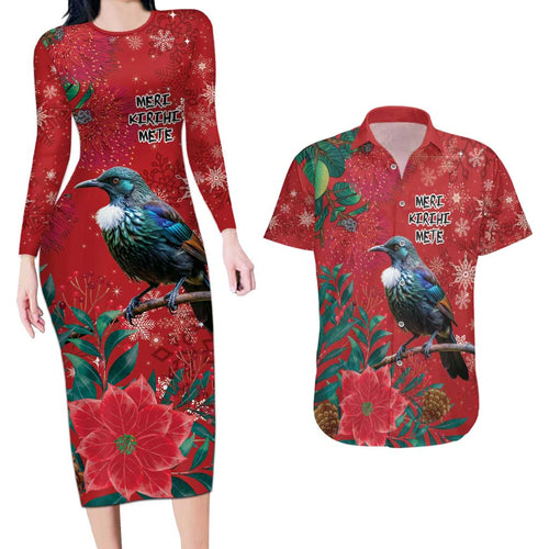 Tui Meri Kirihimete Personalised Couples Matching Long Sleeve Bodycon Dress and Hawaiian Shirt Pohutukawa Flowers Red Motif - Aussie Hoodie