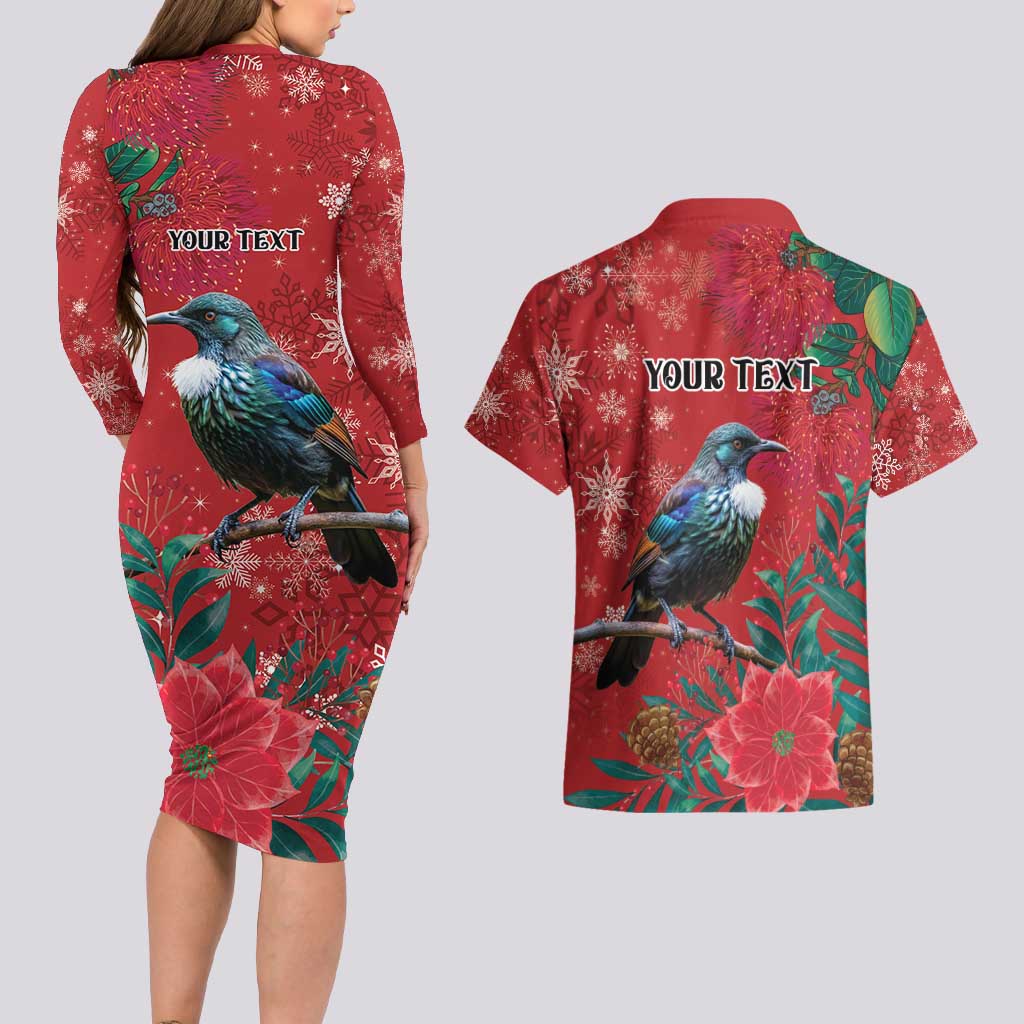 Tui Meri Kirihimete Personalised Couples Matching Long Sleeve Bodycon Dress and Hawaiian Shirt Pohutukawa Flowers Red Motif - Aussie Hoodie