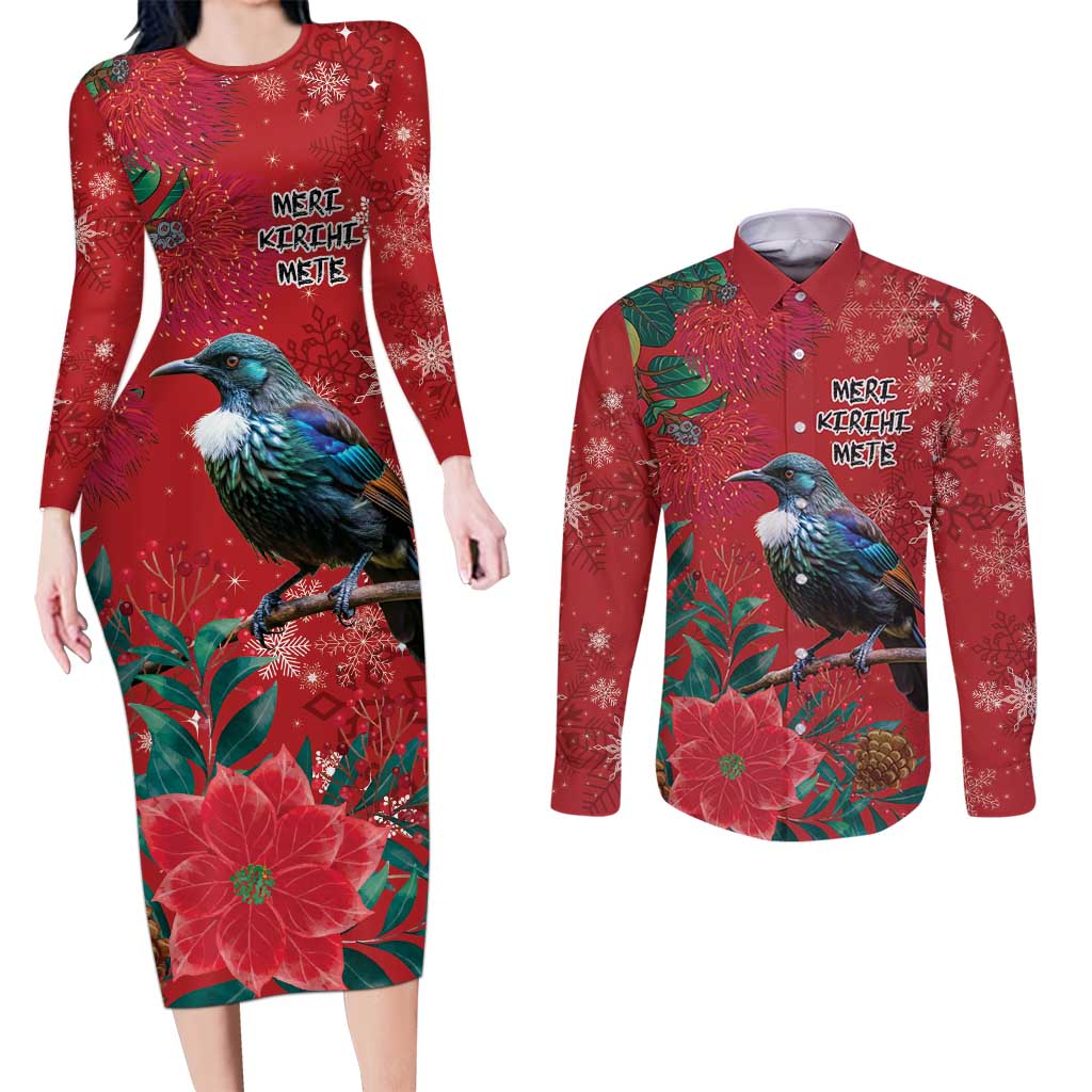 Tui Meri Kirihimete Personalised Couples Matching Long Sleeve Bodycon Dress and Long Sleeve Button Shirt Pohutukawa Flowers Red Motif - Aussie Hoodie