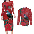 Tui Meri Kirihimete Personalised Couples Matching Long Sleeve Bodycon Dress and Long Sleeve Button Shirt Pohutukawa Flowers Red Motif - Aussie Hoodie