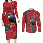 Tui Meri Kirihimete Personalised Couples Matching Long Sleeve Bodycon Dress and Long Sleeve Button Shirt Pohutukawa Flowers Red Motif - Aussie Hoodie