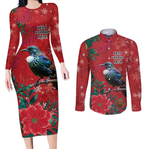 Tui Meri Kirihimete Personalised Couples Matching Long Sleeve Bodycon Dress and Long Sleeve Button Shirt Pohutukawa Flowers Red Motif - Aussie Hoodie