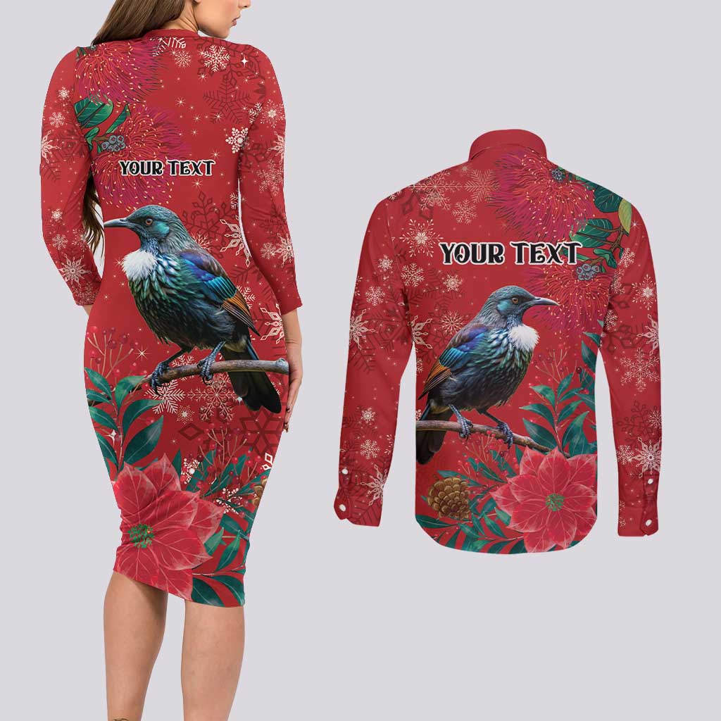 Tui Meri Kirihimete Personalised Couples Matching Long Sleeve Bodycon Dress and Long Sleeve Button Shirt Pohutukawa Flowers Red Motif - Aussie Hoodie