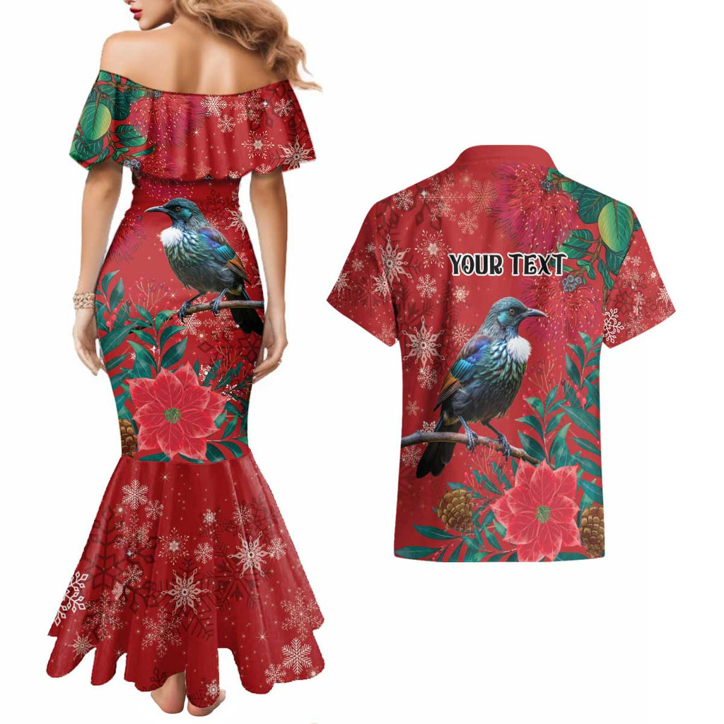 Tui Meri Kirihimete Personalised Couples Matching Mermaid Dress and Hawaiian Shirt Pohutukawa Flowers Red Motif - Aussie Hoodie