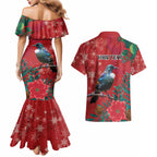 Tui Meri Kirihimete Personalised Couples Matching Mermaid Dress and Hawaiian Shirt Pohutukawa Flowers Red Motif - Aussie Hoodie