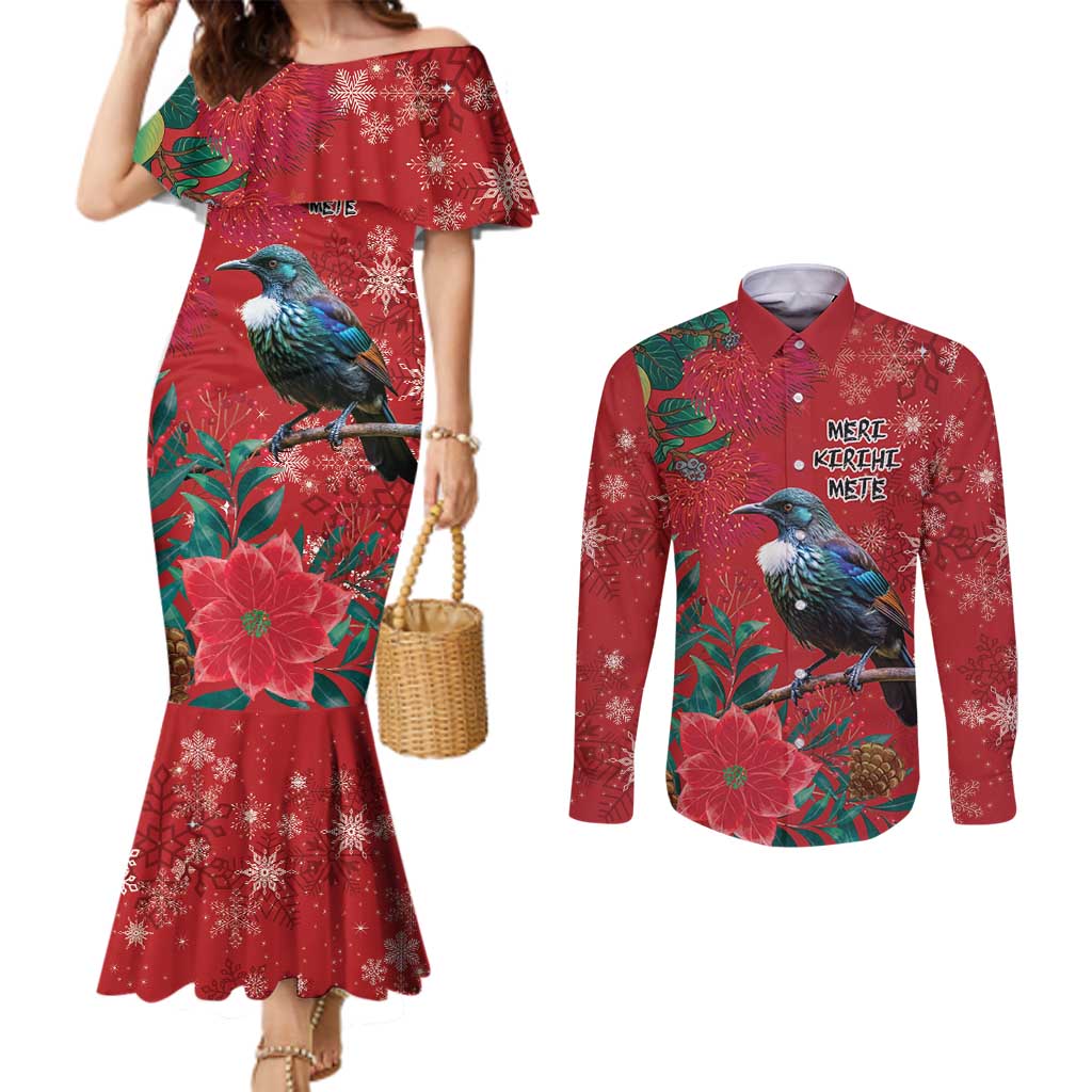 Tui Meri Kirihimete Personalised Couples Matching Mermaid Dress and Long Sleeve Button Shirt Pohutukawa Flowers Red Motif - Aussie Hoodie