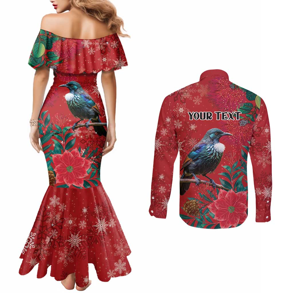 Tui Meri Kirihimete Personalised Couples Matching Mermaid Dress and Long Sleeve Button Shirt Pohutukawa Flowers Red Motif - Aussie Hoodie