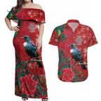 Tui Meri Kirihimete Personalised Couples Matching Off Shoulder Maxi Dress and Hawaiian Shirt Pohutukawa Flowers Red Motif - Aussie Hoodie