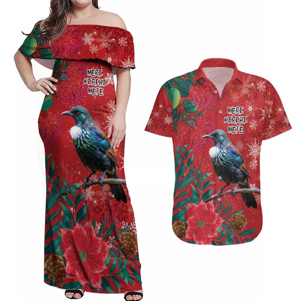 Tui Meri Kirihimete Personalised Couples Matching Off Shoulder Maxi Dress and Hawaiian Shirt Pohutukawa Flowers Red Motif - Aussie Hoodie