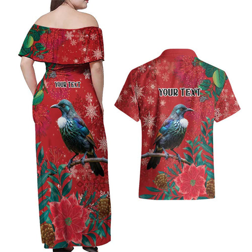 Tui Meri Kirihimete Personalised Couples Matching Off Shoulder Maxi Dress and Hawaiian Shirt Pohutukawa Flowers Red Motif - Aussie Hoodie