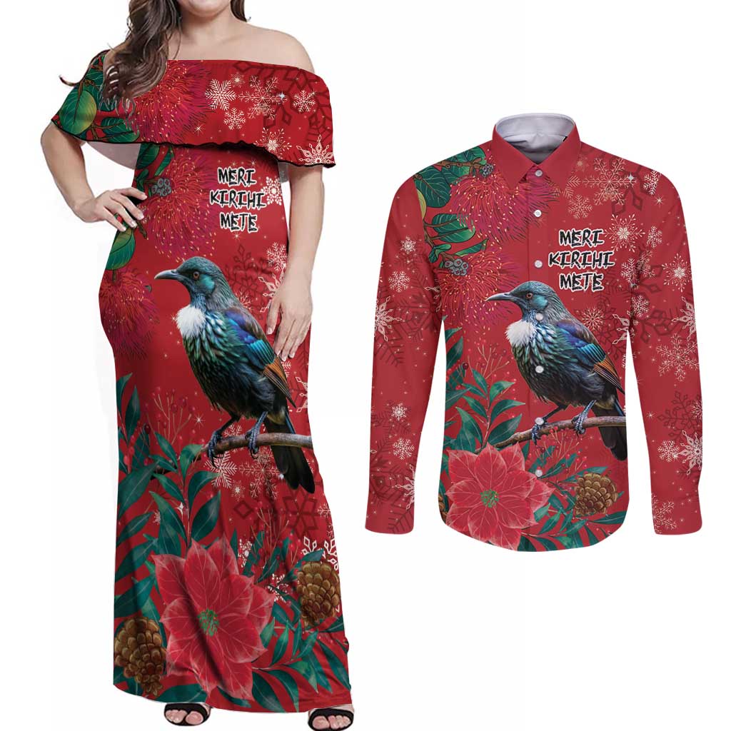 Tui Meri Kirihimete Personalised Couples Matching Off Shoulder Maxi Dress and Long Sleeve Button Shirt Pohutukawa Flowers Red Motif - Aussie Hoodie