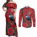 Tui Meri Kirihimete Personalised Couples Matching Off Shoulder Maxi Dress and Long Sleeve Button Shirt Pohutukawa Flowers Red Motif - Aussie Hoodie