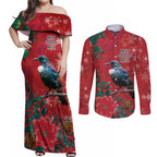 Tui Meri Kirihimete Personalised Couples Matching Off Shoulder Maxi Dress and Long Sleeve Button Shirt Pohutukawa Flowers Red Motif - Aussie Hoodie