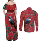 Tui Meri Kirihimete Personalised Couples Matching Off Shoulder Maxi Dress and Long Sleeve Button Shirt Pohutukawa Flowers Red Motif - Aussie Hoodie