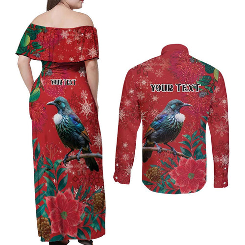 Tui Meri Kirihimete Personalised Couples Matching Off Shoulder Maxi Dress and Long Sleeve Button Shirt Pohutukawa Flowers Red Motif - Aussie Hoodie