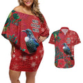 Tui Meri Kirihimete Personalised Couples Matching Off Shoulder Short Dress and Hawaiian Shirt Pohutukawa Flowers Red Motif - Aussie Hoodie