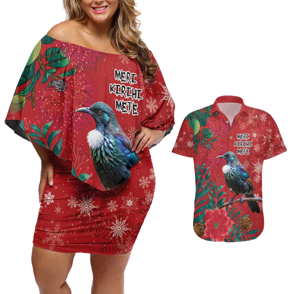 Tui Meri Kirihimete Personalised Couples Matching Off Shoulder Short Dress and Hawaiian Shirt Pohutukawa Flowers Red Motif - Aussie Hoodie