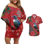 Tui Meri Kirihimete Personalised Couples Matching Off Shoulder Short Dress and Hawaiian Shirt Pohutukawa Flowers Red Motif - Aussie Hoodie