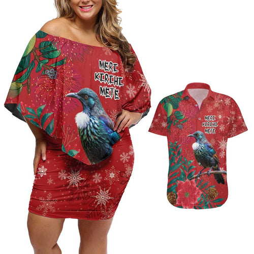 Tui Meri Kirihimete Personalised Couples Matching Off Shoulder Short Dress and Hawaiian Shirt Pohutukawa Flowers Red Motif - Aussie Hoodie