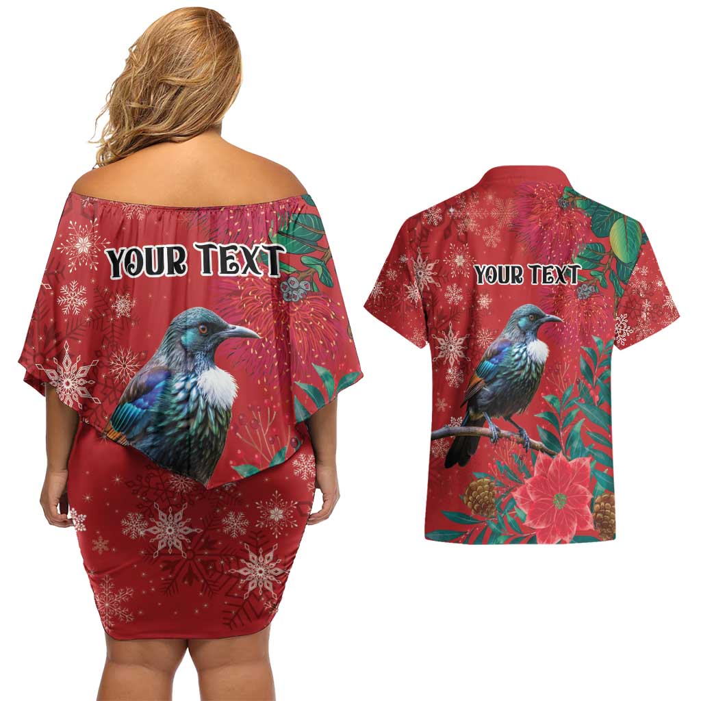 Tui Meri Kirihimete Personalised Couples Matching Off Shoulder Short Dress and Hawaiian Shirt Pohutukawa Flowers Red Motif - Aussie Hoodie