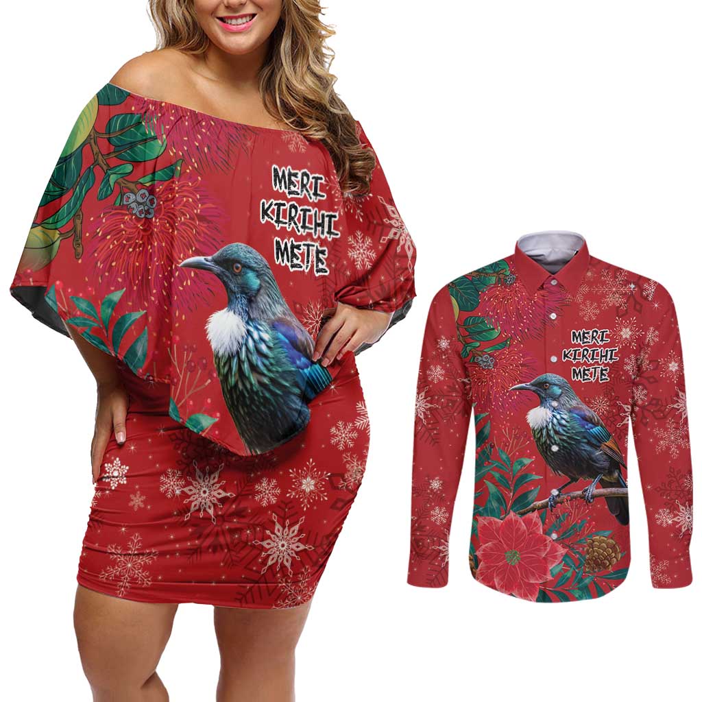 Tui Meri Kirihimete Personalised Couples Matching Off Shoulder Short Dress and Long Sleeve Button Shirt Pohutukawa Flowers Red Motif - Aussie Hoodie