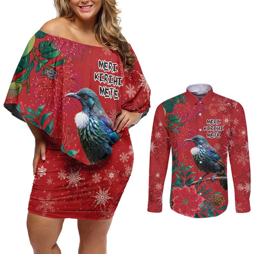 Tui Meri Kirihimete Personalised Couples Matching Off Shoulder Short Dress and Long Sleeve Button Shirt Pohutukawa Flowers Red Motif - Aussie Hoodie