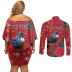 Tui Meri Kirihimete Personalised Couples Matching Off Shoulder Short Dress and Long Sleeve Button Shirt Pohutukawa Flowers Red Motif - Aussie Hoodie