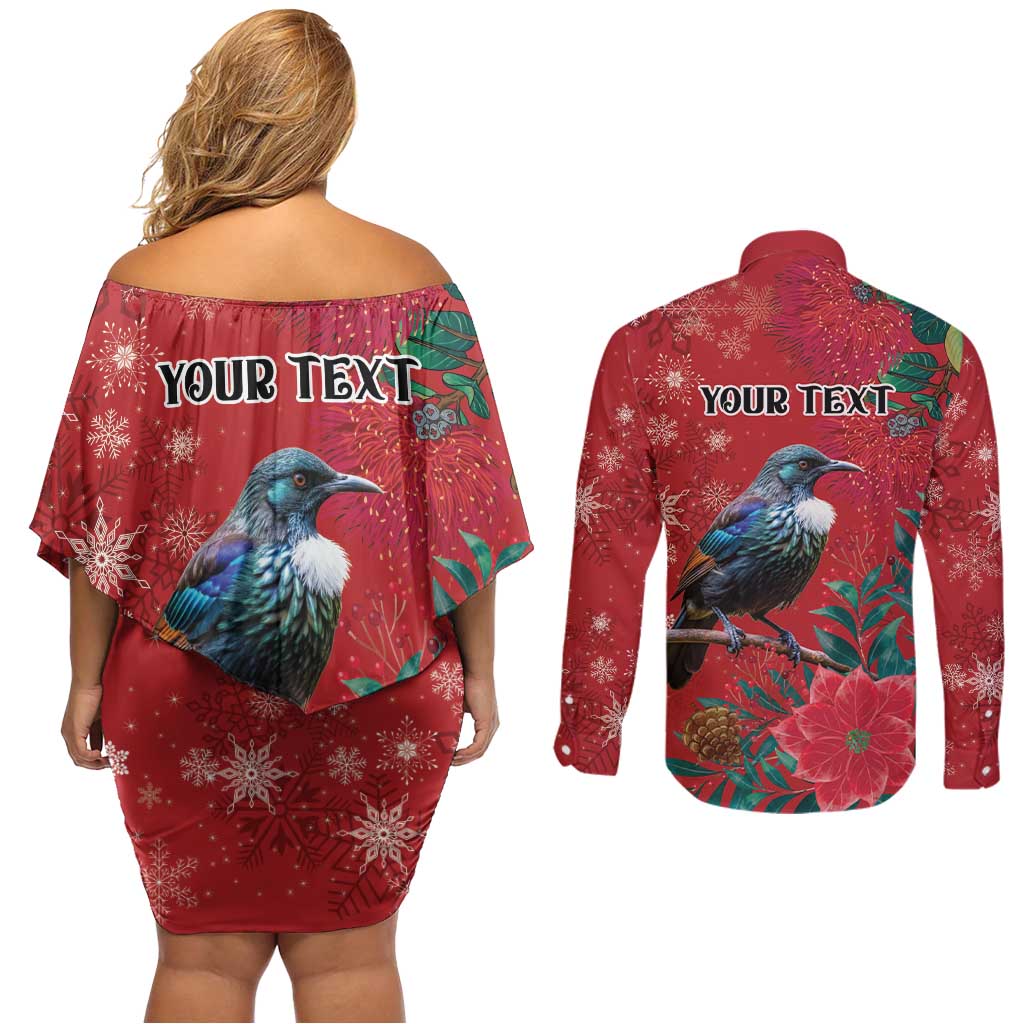 Tui Meri Kirihimete Personalised Couples Matching Off Shoulder Short Dress and Long Sleeve Button Shirt Pohutukawa Flowers Red Motif - Aussie Hoodie