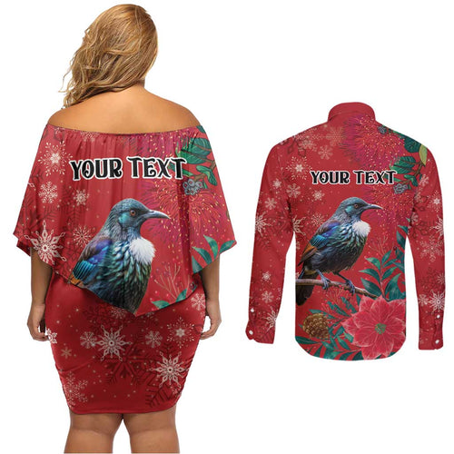 Tui Meri Kirihimete Personalised Couples Matching Off Shoulder Short Dress and Long Sleeve Button Shirt Pohutukawa Flowers Red Motif - Aussie Hoodie