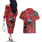 Tui Meri Kirihimete Personalised Couples Matching Off The Shoulder Long Sleeve Dress and Hawaiian Shirt Pohutukawa Flowers Red Motif - Aussie Hoodie