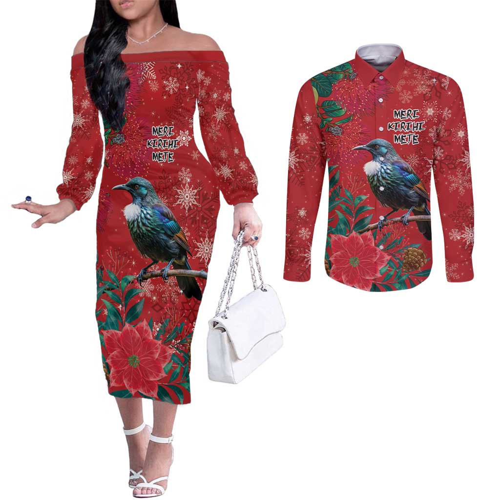 Tui Meri Kirihimete Personalised Couples Matching Off The Shoulder Long Sleeve Dress and Long Sleeve Button Shirt Pohutukawa Flowers Red Motif - Aussie Hoodie