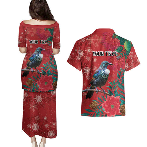 Tui Meri Kirihimete Personalised Couples Matching Puletasi and Hawaiian Shirt Pohutukawa Flowers Red Motif - Aussie Hoodie