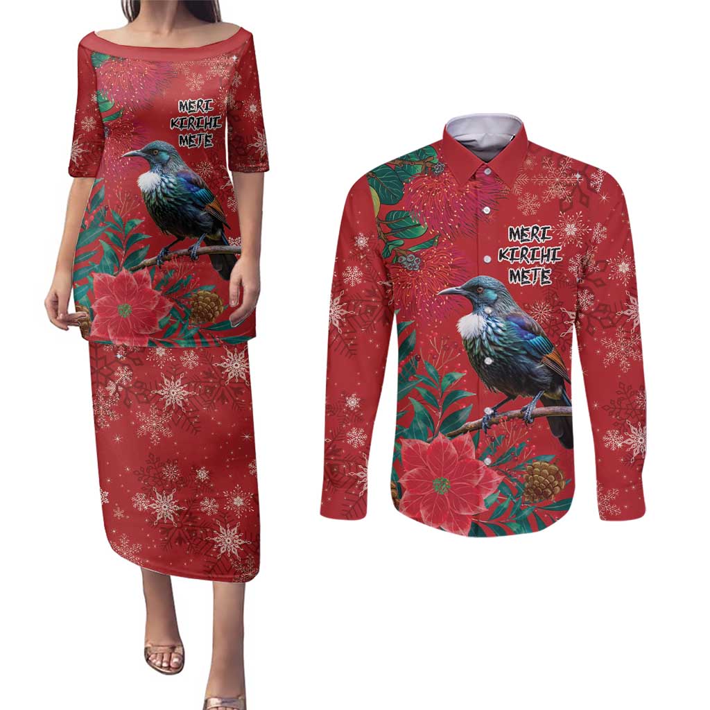 Tui Meri Kirihimete Personalised Couples Matching Puletasi and Long Sleeve Button Shirt Pohutukawa Flowers Red Motif - Aussie Hoodie