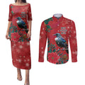 Tui Meri Kirihimete Personalised Couples Matching Puletasi and Long Sleeve Button Shirt Pohutukawa Flowers Red Motif - Aussie Hoodie