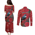 Tui Meri Kirihimete Personalised Couples Matching Puletasi and Long Sleeve Button Shirt Pohutukawa Flowers Red Motif - Aussie Hoodie