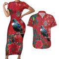 Tui Meri Kirihimete Personalised Couples Matching Short Sleeve Bodycon Dress and Hawaiian Shirt Pohutukawa Flowers Red Motif - Aussie Hoodie