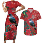 Tui Meri Kirihimete Personalised Couples Matching Short Sleeve Bodycon Dress and Hawaiian Shirt Pohutukawa Flowers Red Motif - Aussie Hoodie