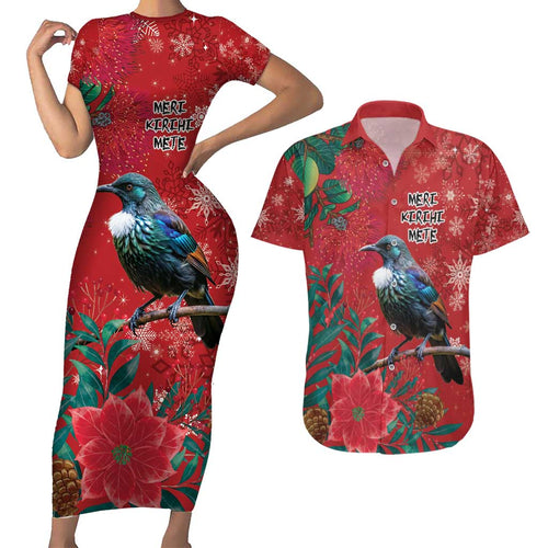 Tui Meri Kirihimete Personalised Couples Matching Short Sleeve Bodycon Dress and Hawaiian Shirt Pohutukawa Flowers Red Motif - Aussie Hoodie