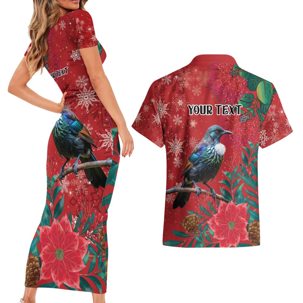 Tui Meri Kirihimete Personalised Couples Matching Short Sleeve Bodycon Dress and Hawaiian Shirt Pohutukawa Flowers Red Motif - Aussie Hoodie