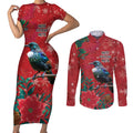 Tui Meri Kirihimete Personalised Couples Matching Short Sleeve Bodycon Dress and Long Sleeve Button Shirt Pohutukawa Flowers Red Motif - Aussie Hoodie
