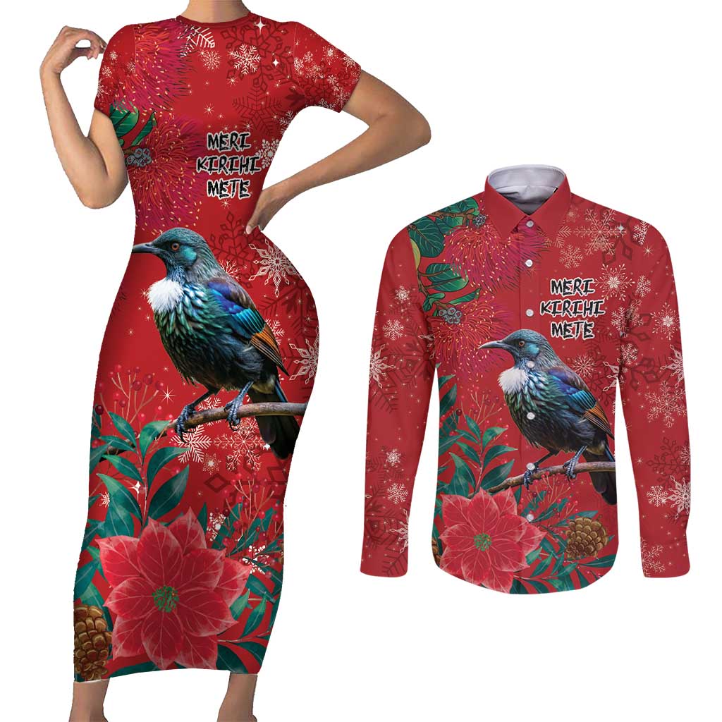 Tui Meri Kirihimete Personalised Couples Matching Short Sleeve Bodycon Dress and Long Sleeve Button Shirt Pohutukawa Flowers Red Motif - Aussie Hoodie