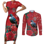 Tui Meri Kirihimete Personalised Couples Matching Short Sleeve Bodycon Dress and Long Sleeve Button Shirt Pohutukawa Flowers Red Motif - Aussie Hoodie
